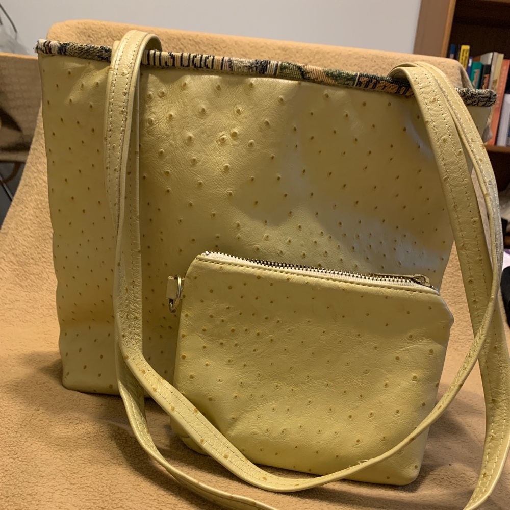 Leather handbag with cosmetic bag- ostrich texture and fabric lined interior